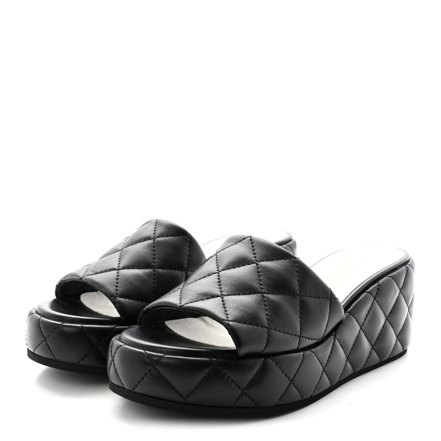 Lambskin Quilted Camelia CC Wedge Sandal Mules 38.5 Black