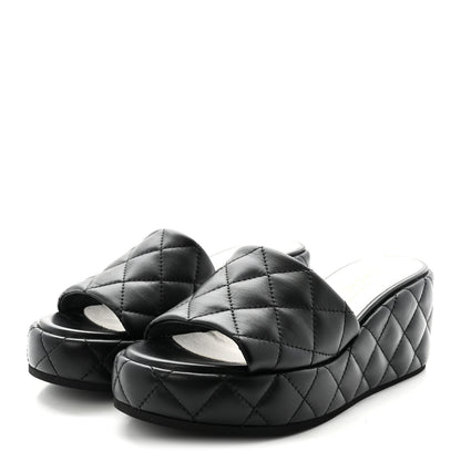 Chanel Lambskin Quilted Camelia CC Wedge Sandal Mules 38.5 Black 4 of 10