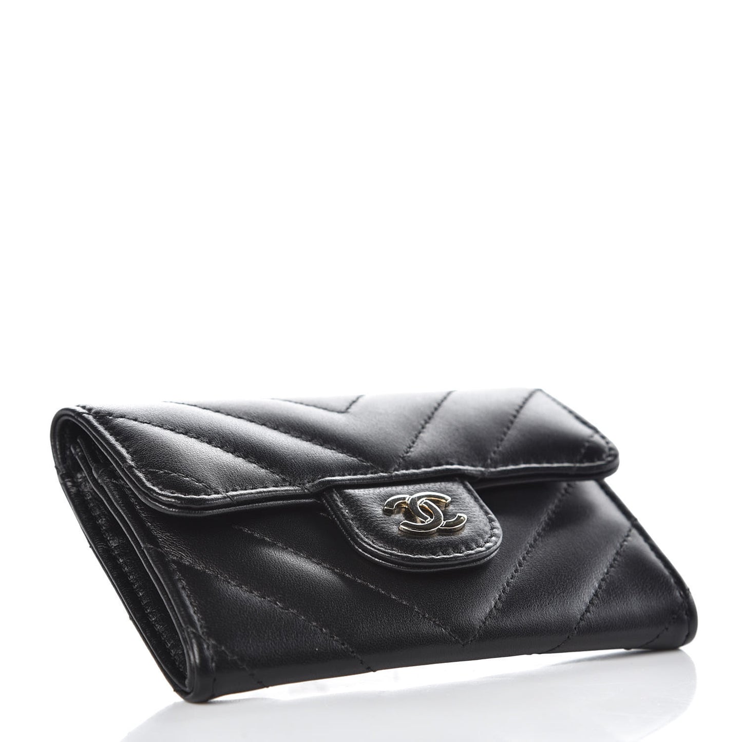 Lambskin Chevron Quilted Flap Card Holder Black