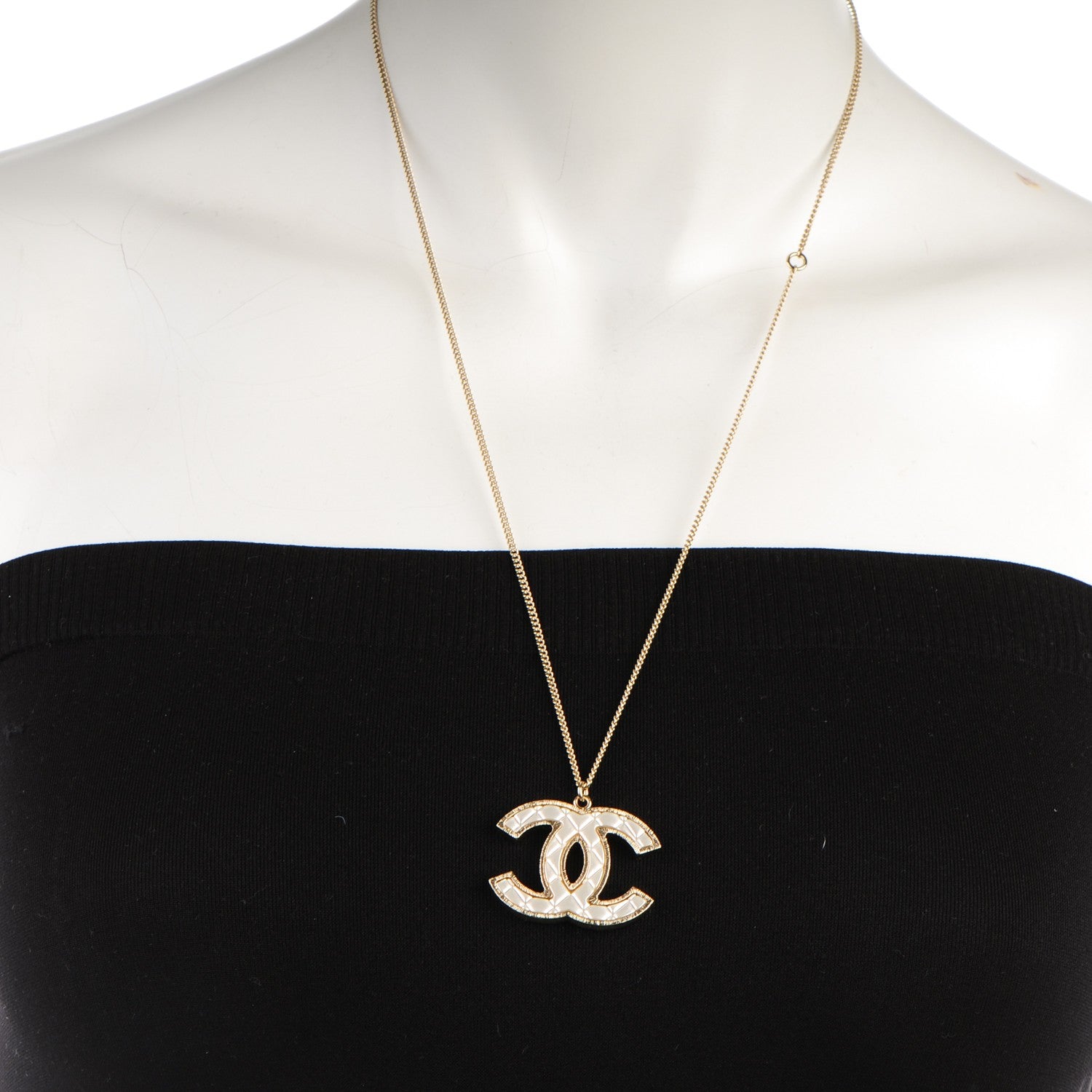 Chanel Metal Quilted CC Pendant Necklace Gold White 2 of 5