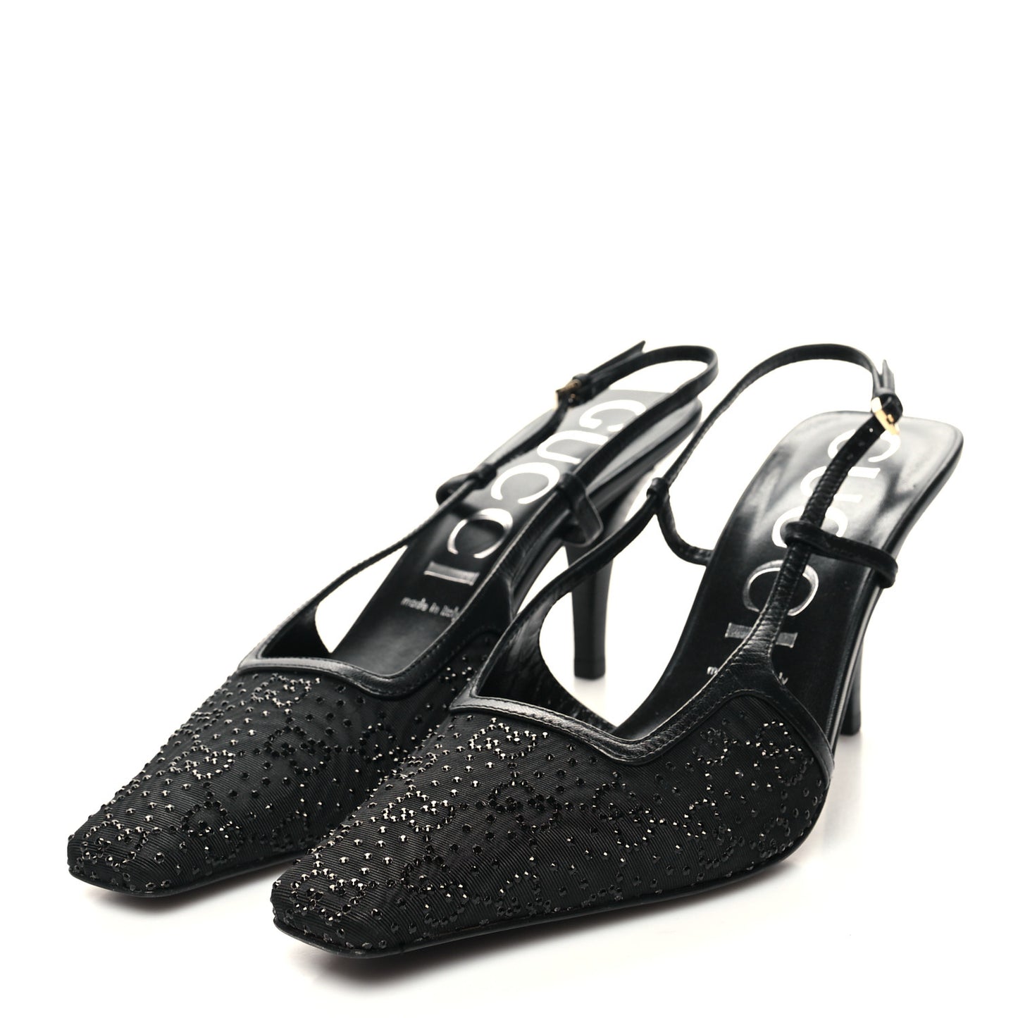 Moire Fabric Malaga Kid Crystal GG Monogram Square G 75mm Slingback Pumps 39 Black