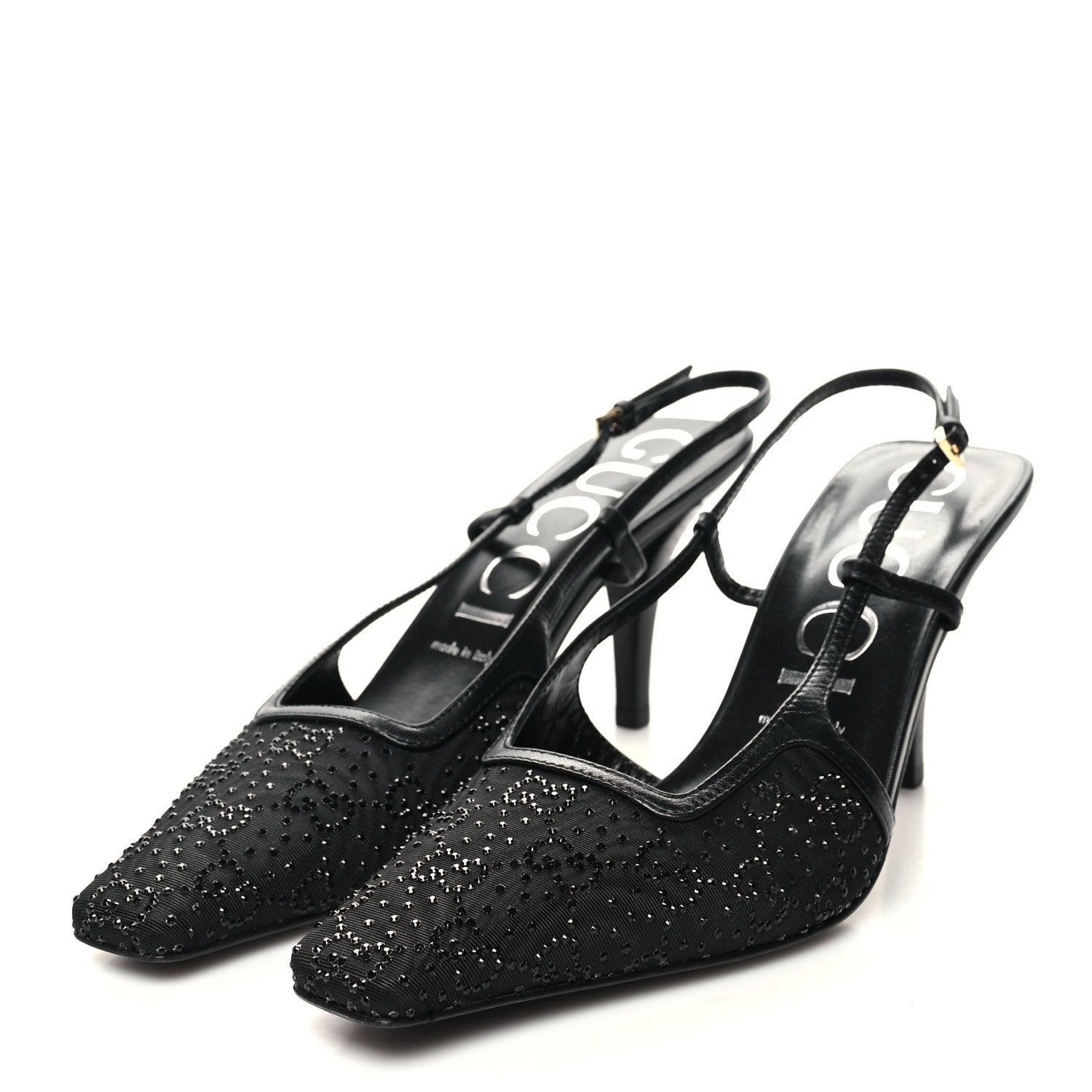 Gucci Moire Fabric Malaga Kid Crystal GG Monogram Square G 75mm Slingback Pumps 39 Black 3 of 7