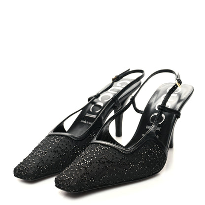 Gucci Moire Fabric Malaga Kid Crystal GG Monogram Square G 75mm Slingback Pumps 39 Black 3 of 7