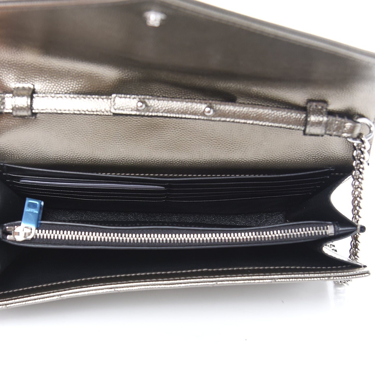 Metallic Grain De Poudre Matelasse Chevron Monogram Chain Wallet Piombo