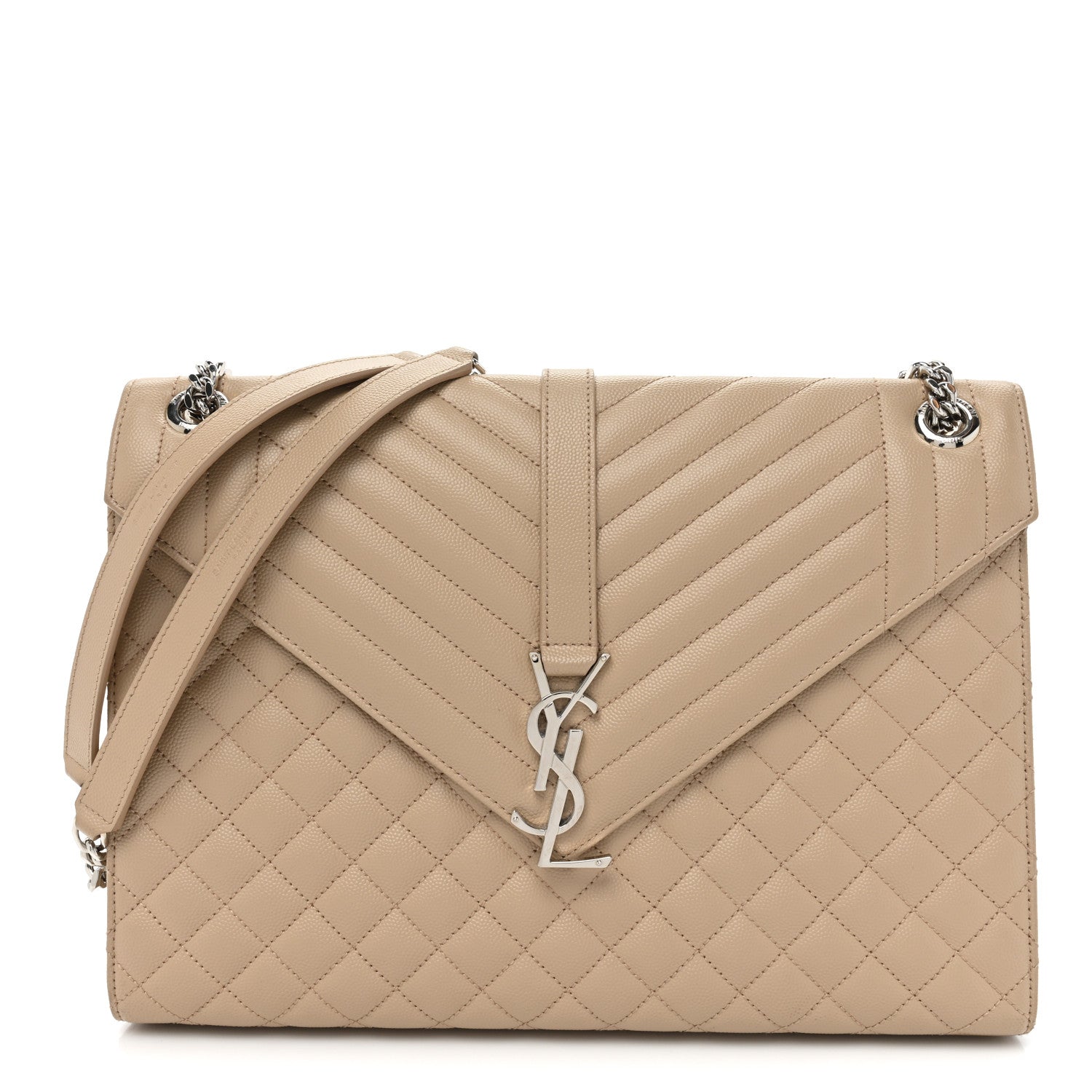 Saint Laurent Grain De Poudre Mixed Matelasse Large Triquilt Monogram Satchel Dark Beige 1 of 15