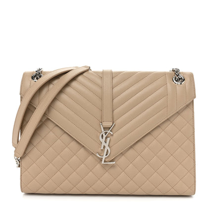 Saint Laurent Grain De Poudre Mixed Matelasse Large Triquilt Monogram Satchel Dark Beige 1 of 15