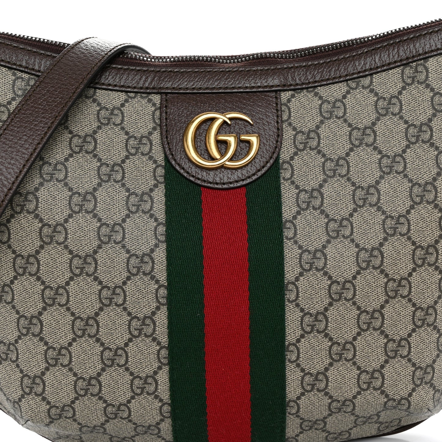 GG Supreme Monogram Textured Dollar Calfskin Web Small Ophidia Half Moon Hobo Beige Ebony New Acero