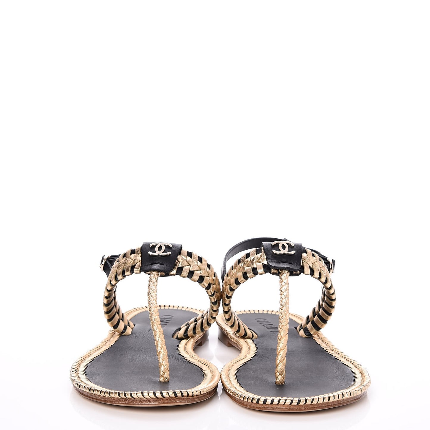 Metallic Lambskin Calfskin Braided Thong Sandals 40.5 Black Gold