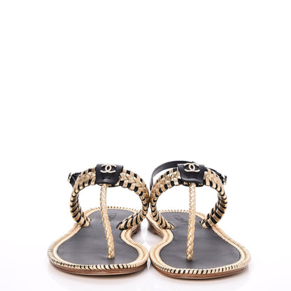 Chanel Metallic Lambskin Calfskin Braided Thong Sandals 40.5 Black Gold 2 of 8