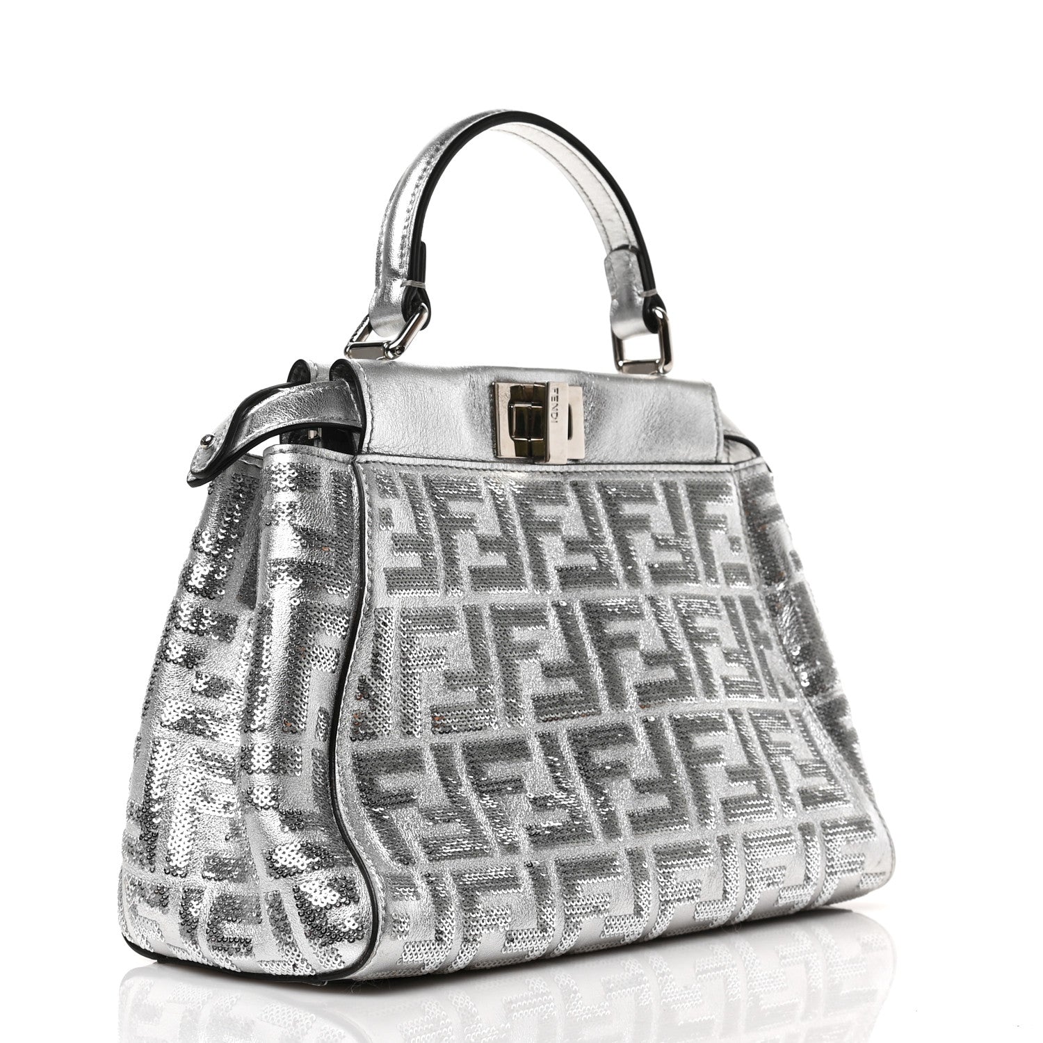 Fendi Vitello Catalan Mirror Sequin FF 1974 Embroidered Mini Peekaboo Iconic Satchel Argento 2 of 7