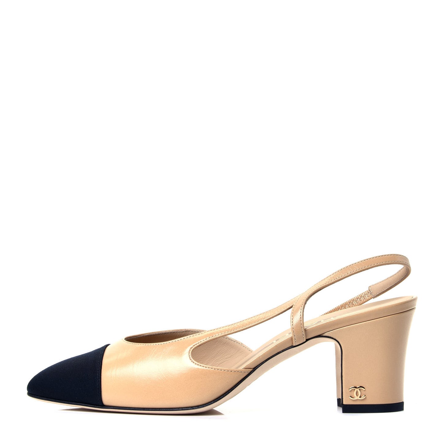 Goatskin Grosgrain Cap Toe CC Slingback Pumps 38.5 Beige Black