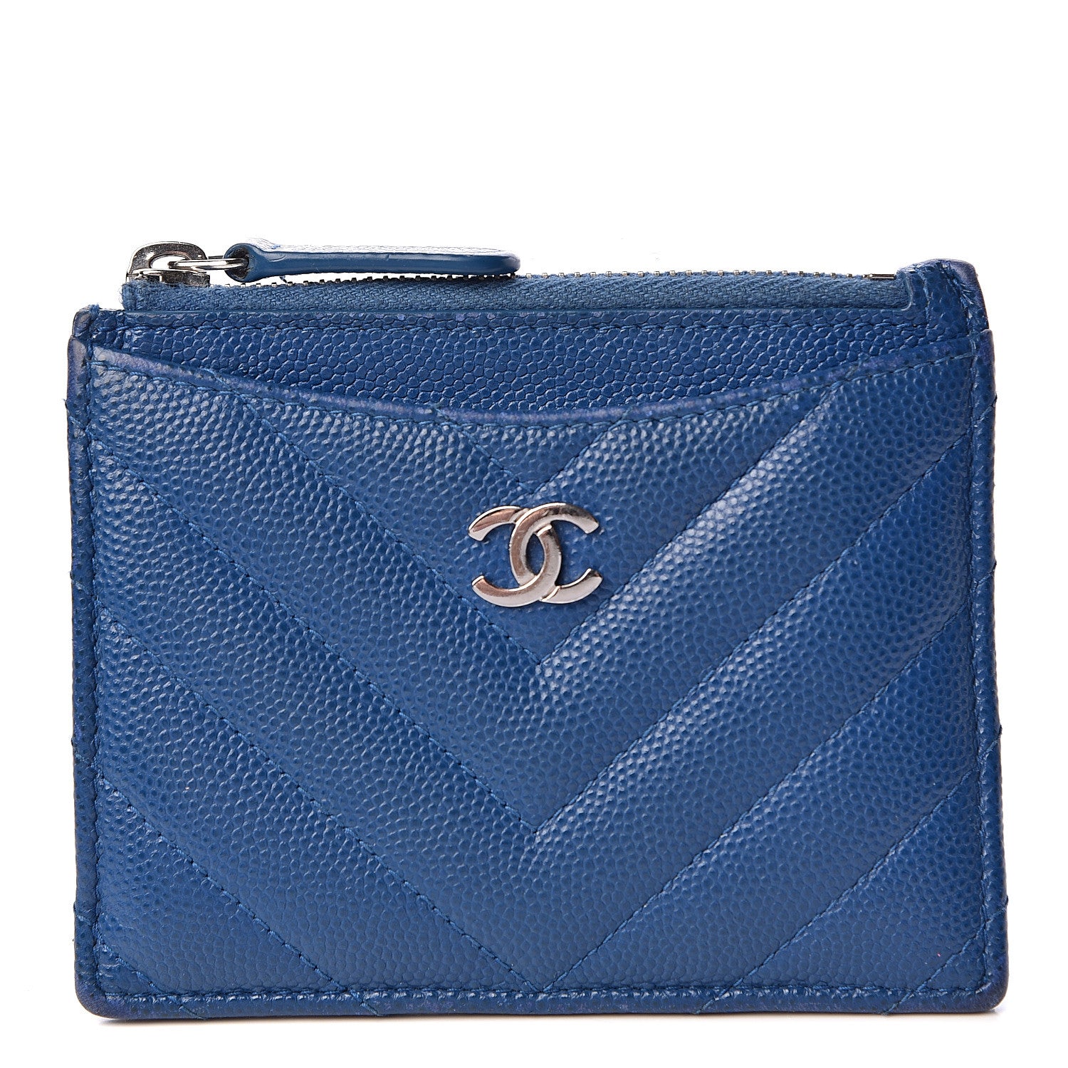 Chanel Caviar Chevron Quilted CC Zip Card Holder Blue 1 of 12
