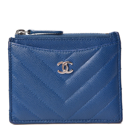 Chanel Caviar Chevron Quilted CC Zip Card Holder Blue 1 of 12