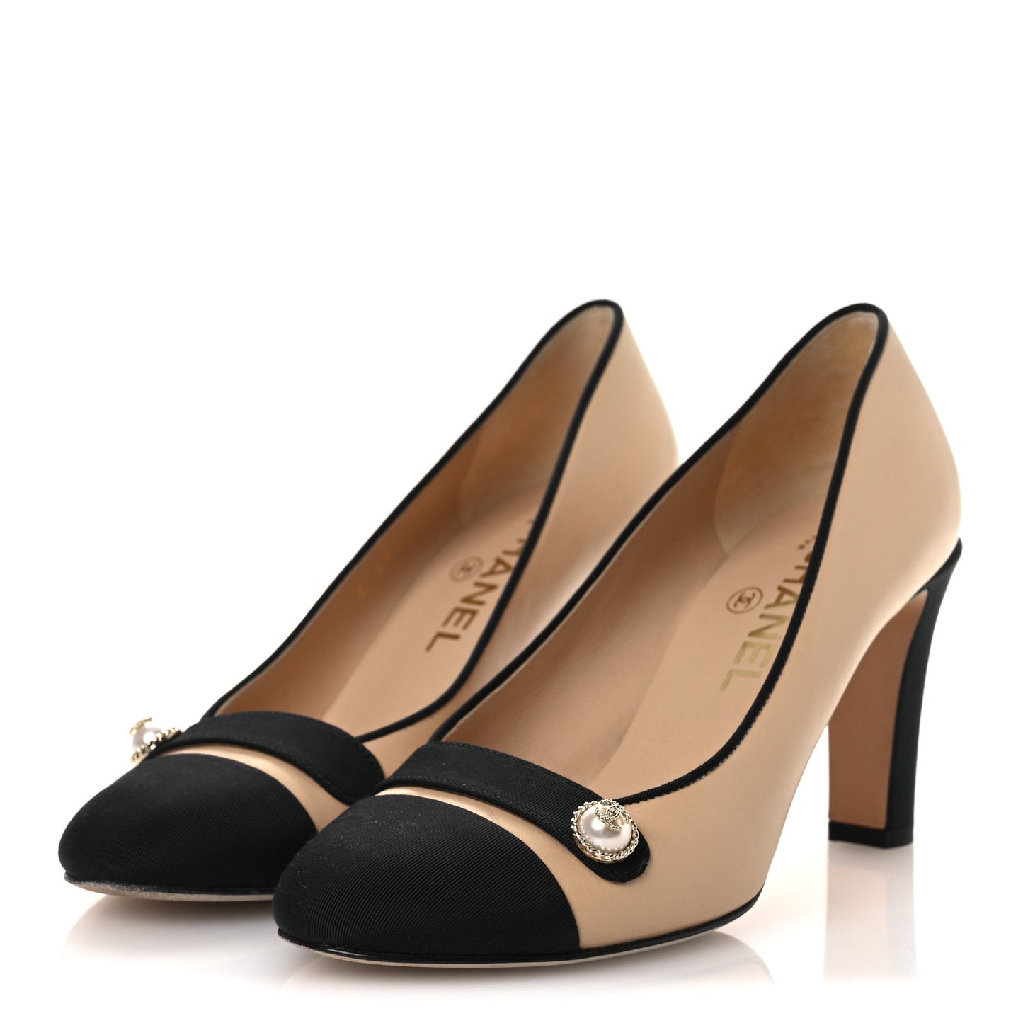 Calfskin Grosgrain Cap Toe Pearl Pumps 36.5 Beige Black