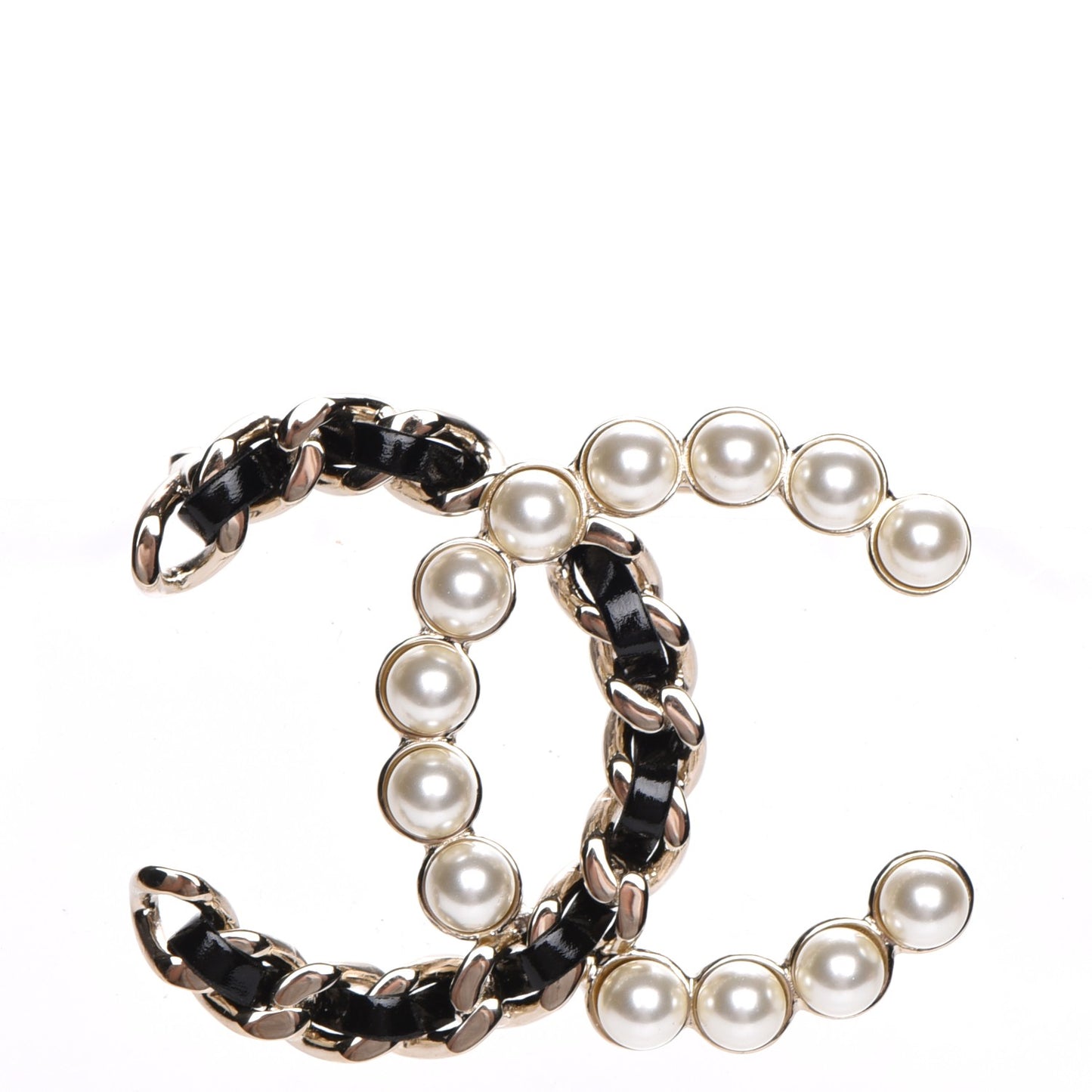 Lambskin Pearl CC Chain Brooch Black Gold