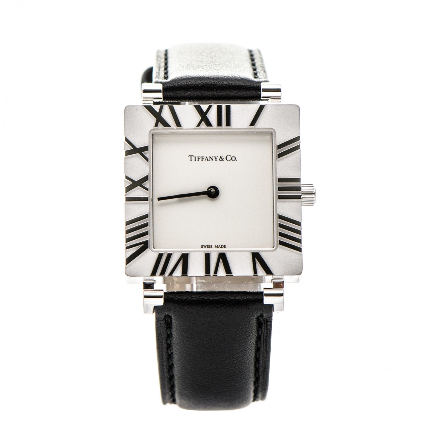 Tiffany Sterling Silver Calfskin 27mm Atlas Square Quartz Watch 1 of 8
