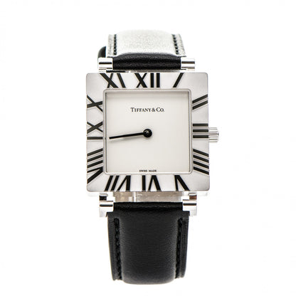 Tiffany Sterling Silver Calfskin 27mm Atlas Square Quartz Watch 1 of 8