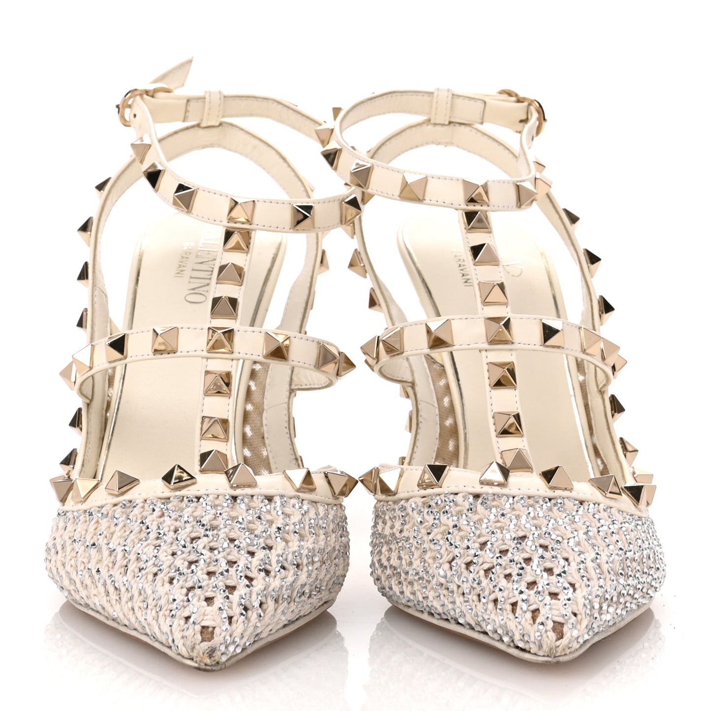 Crystal Embellished Mesh Rockstud Ankle Strap 100mm Pumps 37 White