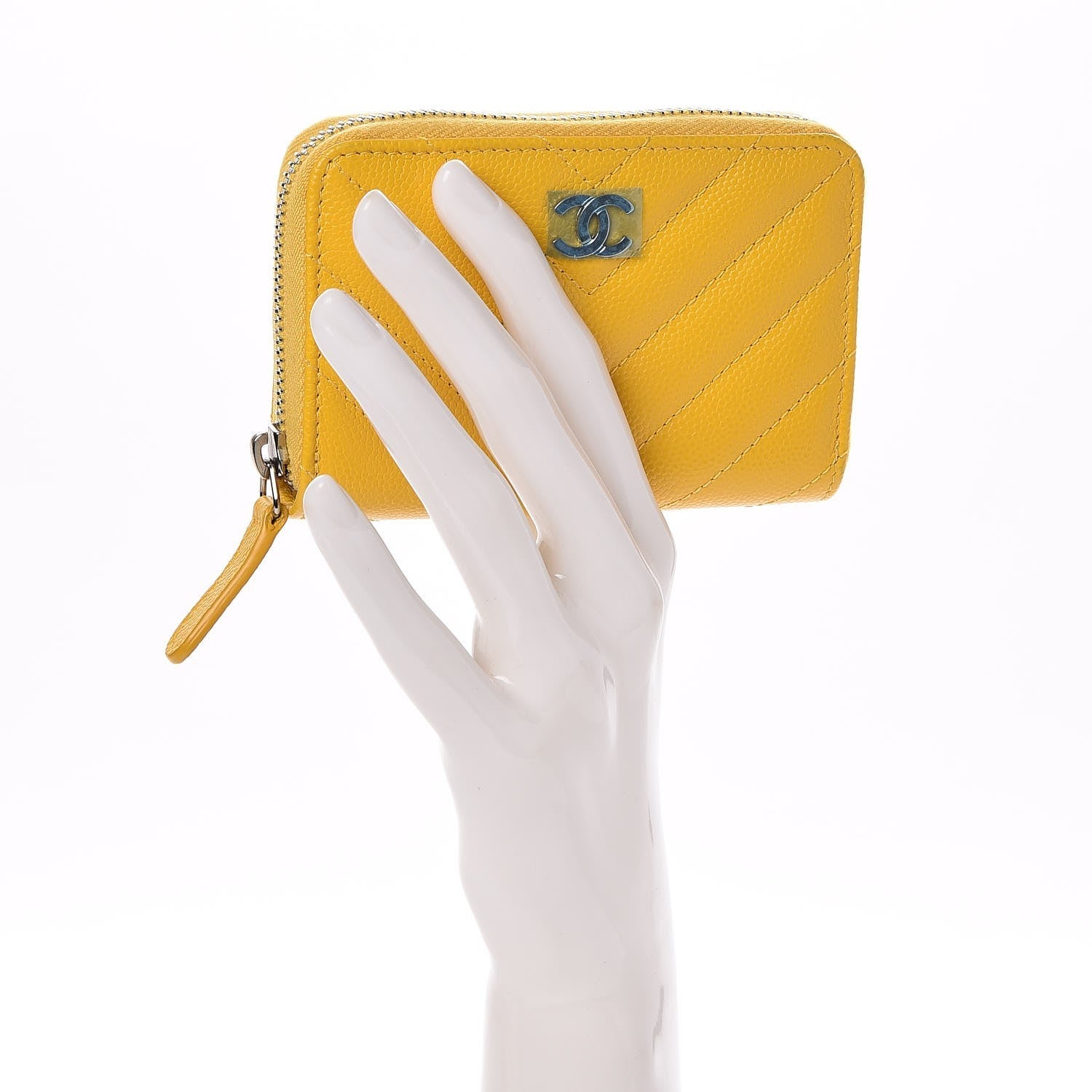 Chanel Caviar Chevron Quilted Zip Coin Purse Yellow 2 of 7