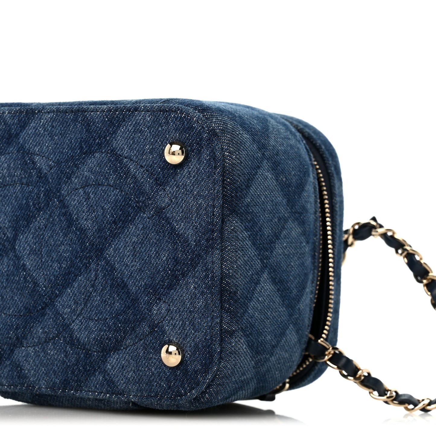 Printed Denim Quilted Mini Top Handle Vanity Case With Chain Dark Blue