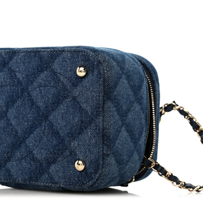 Chanel Printed Denim Quilted Mini Top Handle Vanity Case With Chain Dark Blue 10 of 10