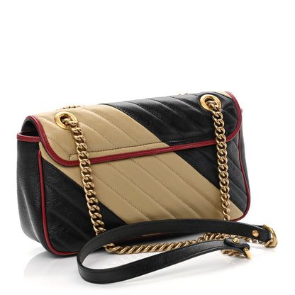 Gucci Vintage Effect Calfskin Matelasse Diagonal Striped Small Torchon GG Marmont Shoulder Bag Black Beige 3 of 10