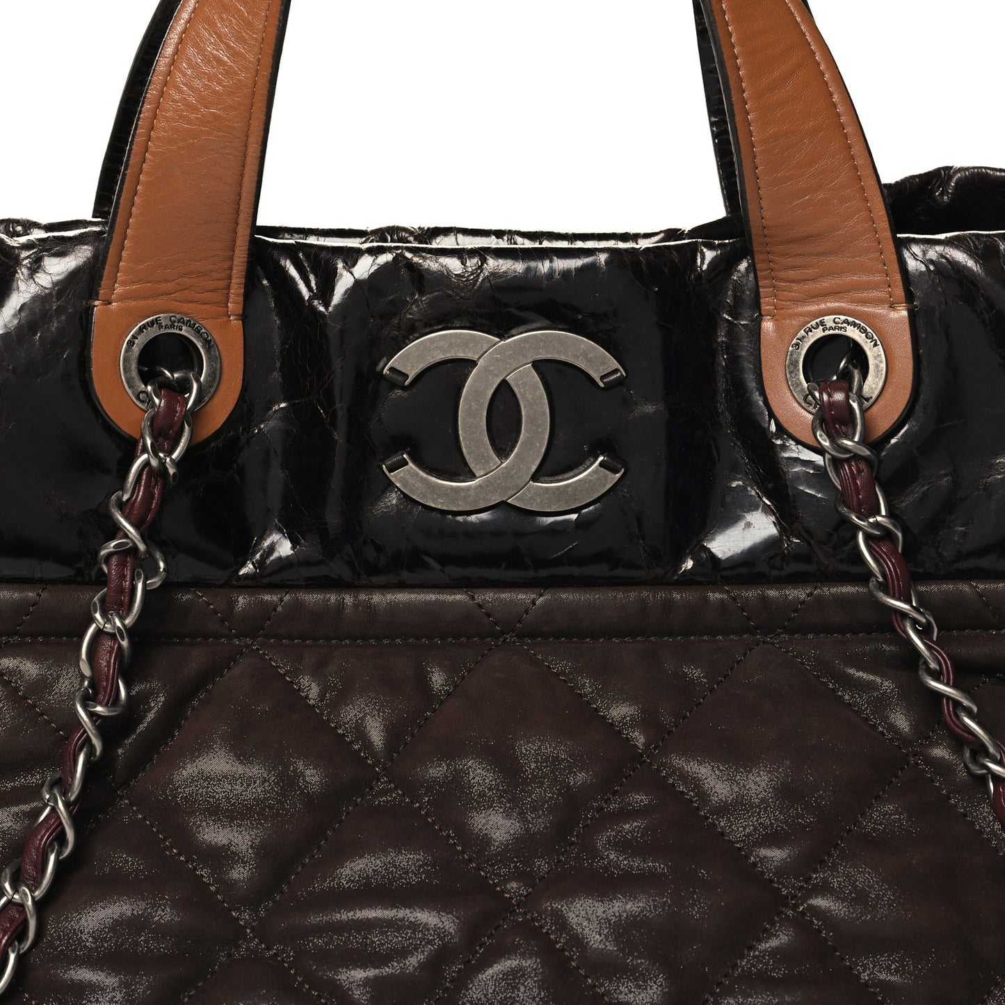Iridescent Calfskin Quilted Large In The Mix Tote Dark Brown