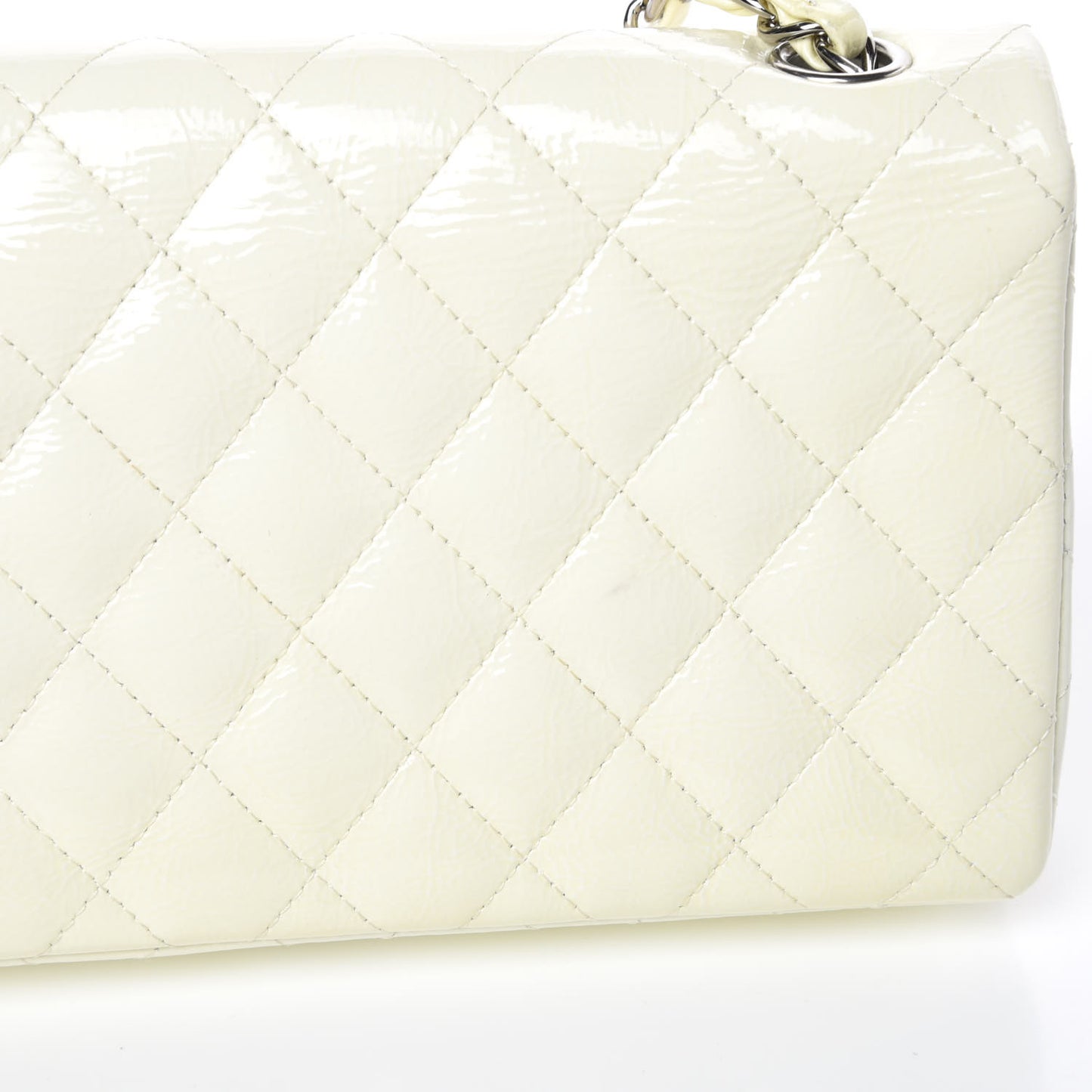 Distressed Patent Calfskin Quilted East West Flap White