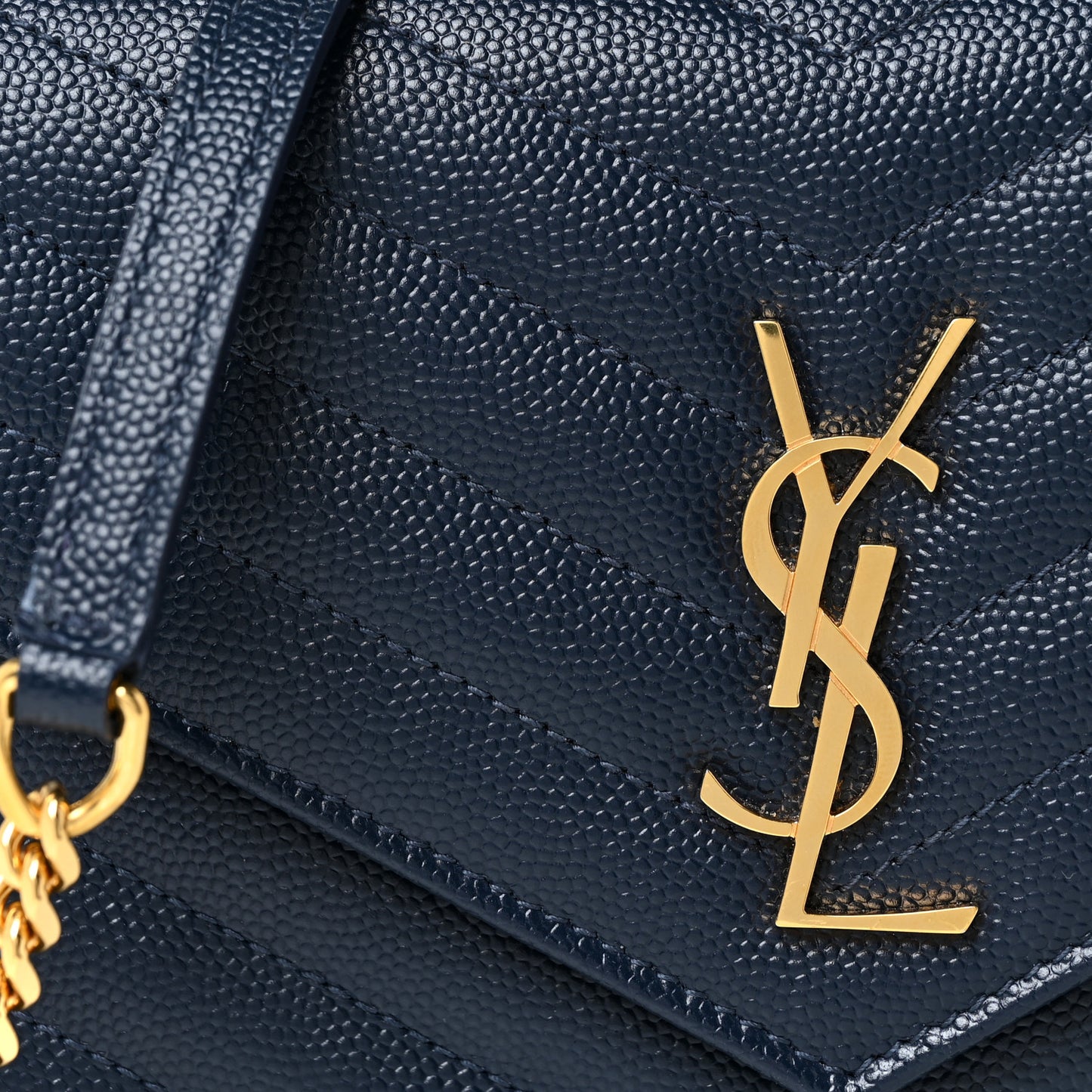 Grain De Poudre Matelasse Chevron Monogram Envelope Chain Wallet Navy