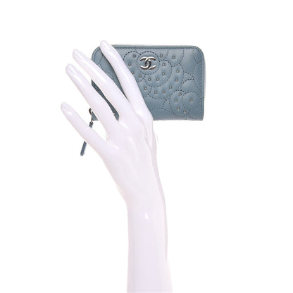 Chanel Lambskin Camellia Embossed Studded Zip Coin Purse Blue 2 of 8