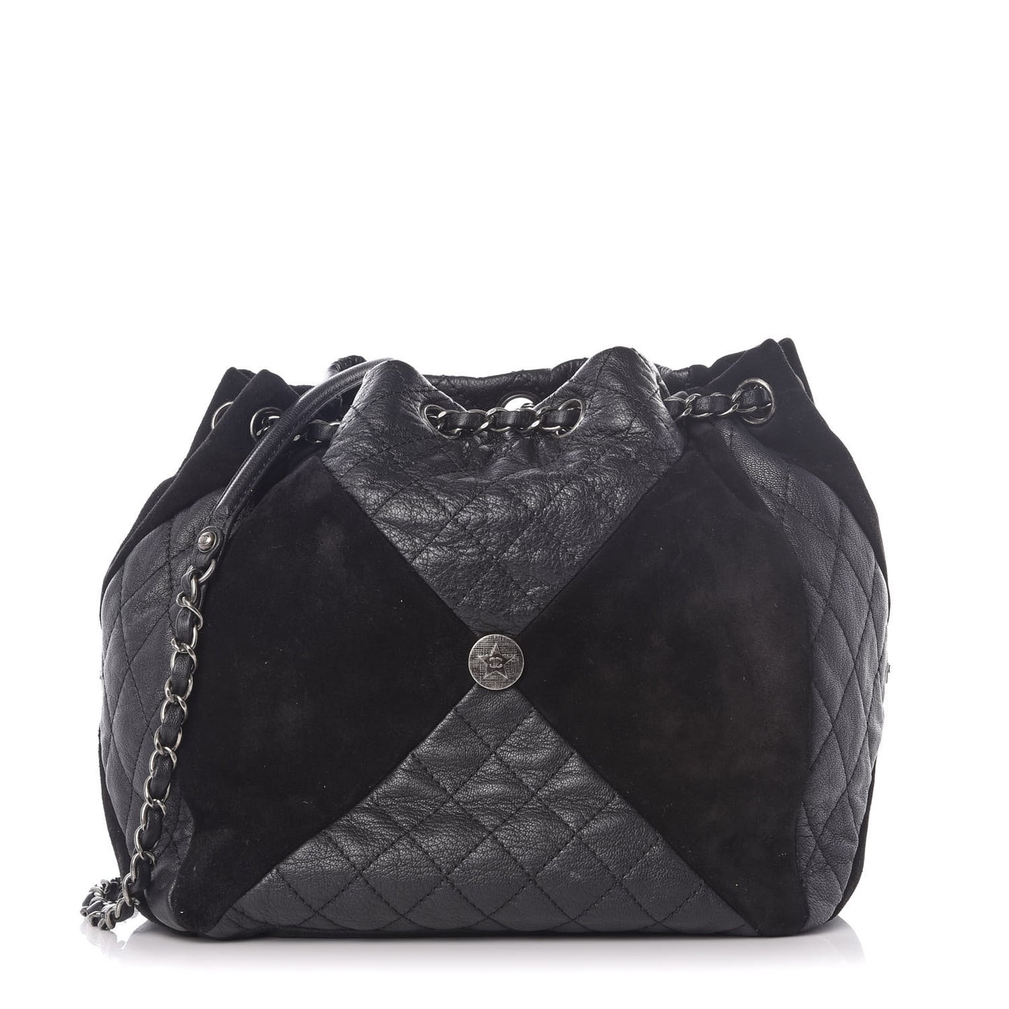 Goatskin Suede Calfskin Quilted Patchwork Drawstring Bag Black