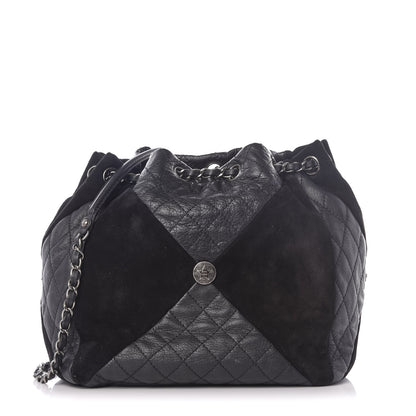 Chanel Goatskin Suede Calfskin Quilted Patchwork Drawstring Bag Black 1 of 9