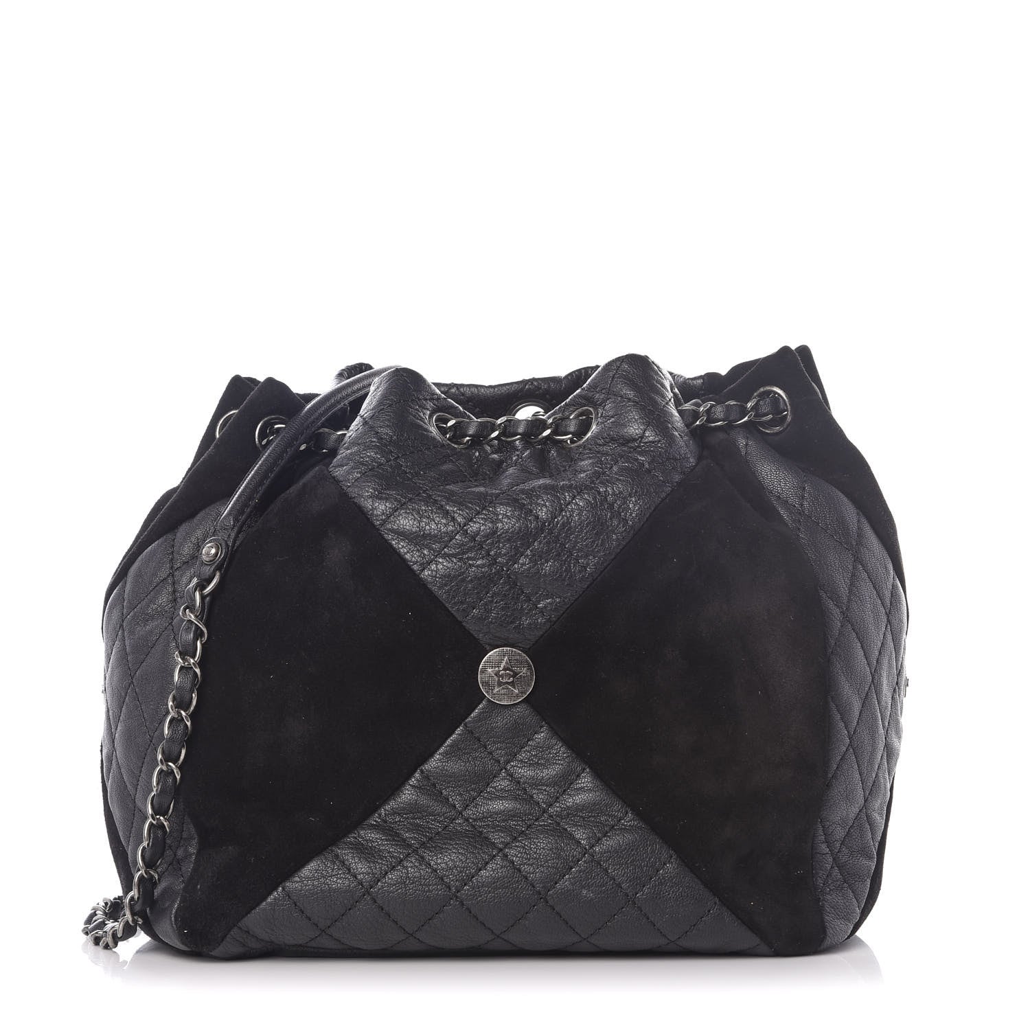 Chanel Goatskin Suede Calfskin Quilted Patchwork Drawstring Bag Black 1 of 9