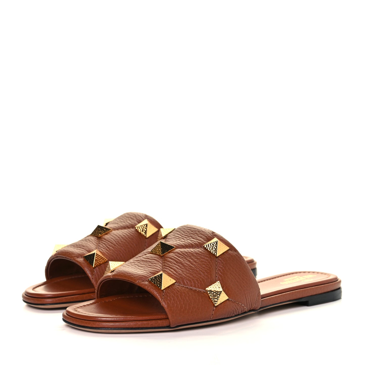 Pebbled Calfskin Roman Stud Flat Slide Sandals 40 Saddle Brown