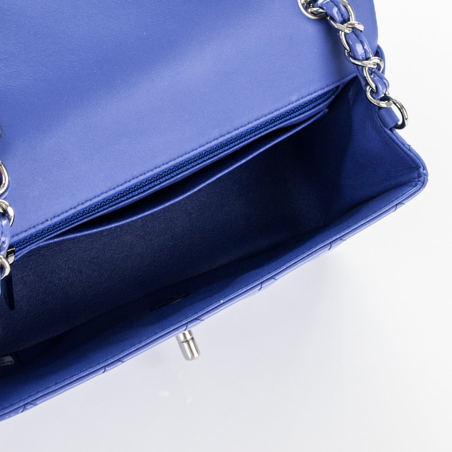 Patent Calfskin Quilted Mini Rectangular Flap Blue