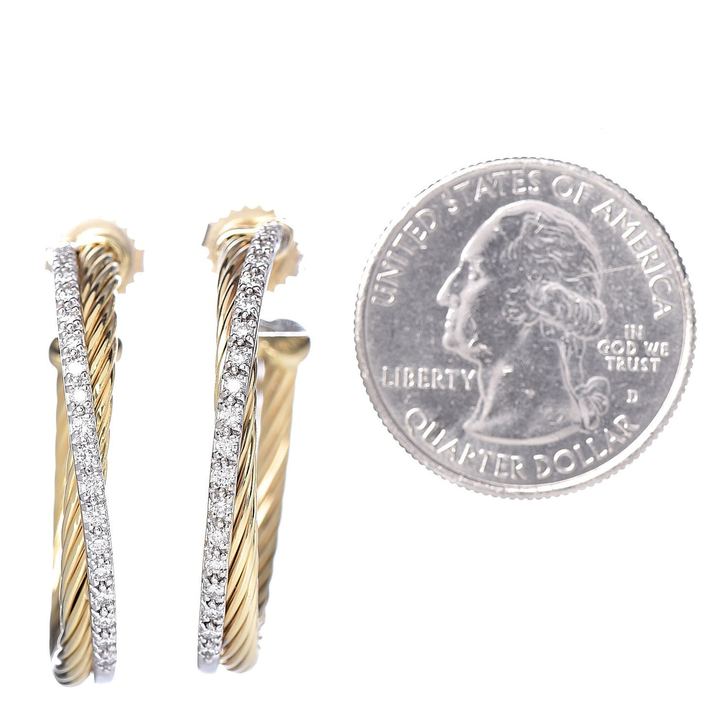 18K Yellow Gold Diamond Crossover Medium Hoop Earrings