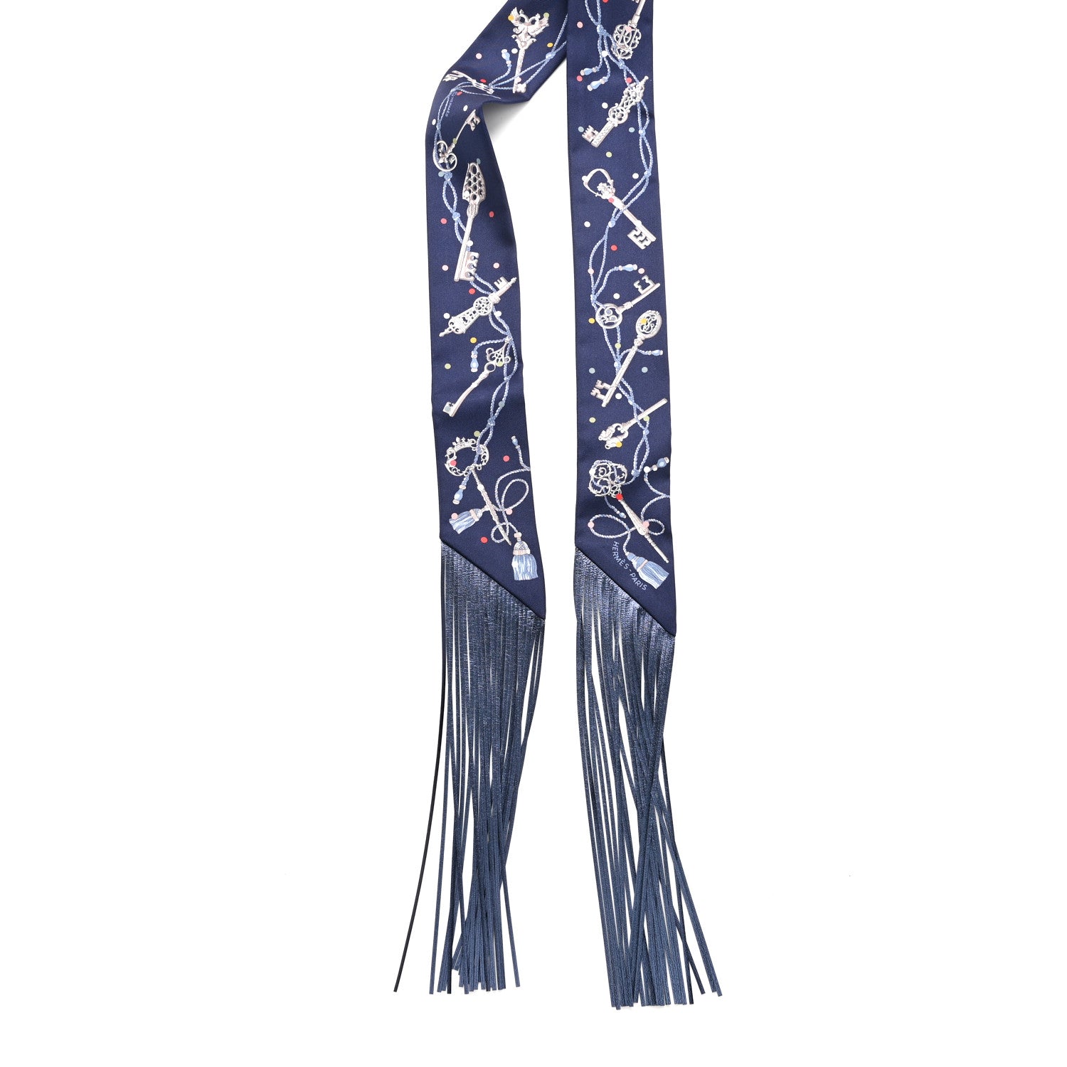 Hermes Silk Metallic Agneau Les Cles A Pois Fringed Twilly Bleu Marine Gris Argent Multicolor 2 of 4