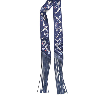 Hermes Silk Metallic Agneau Les Cles A Pois Fringed Twilly Bleu Marine Gris Argent Multicolor 2 of 4