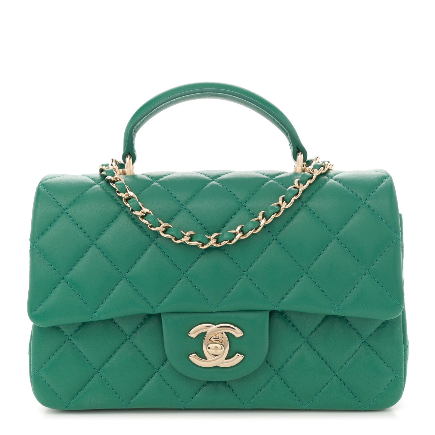 Lambskin Quilted Mini Top Handle Rectangular Flap Green