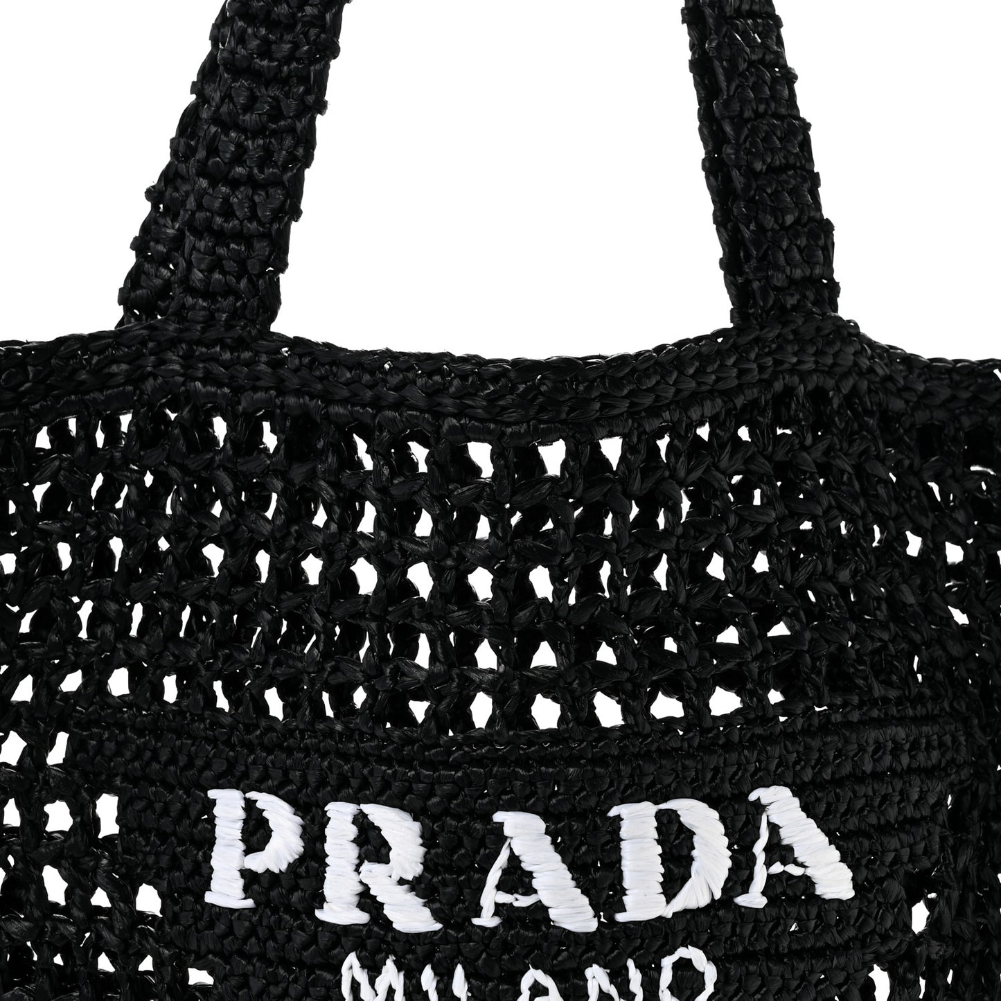 Yarn Raffia Effect Crochet Logo Embroidered Tote Bag Black