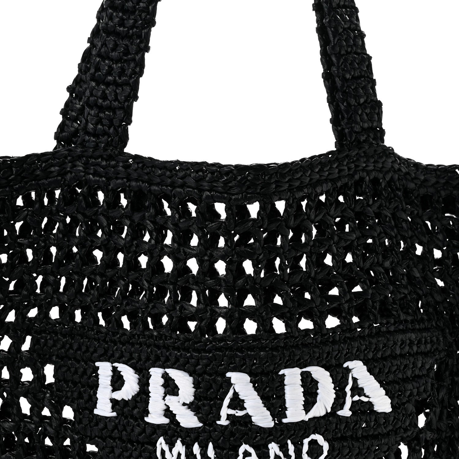 Prada Yarn Raffia Effect Crochet Logo Embroidered Tote Bag Black 7 of 10