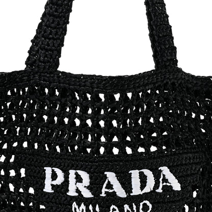 Prada Yarn Raffia Effect Crochet Logo Embroidered Tote Bag Black 7 of 10