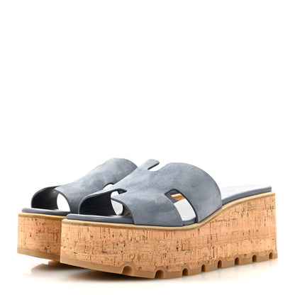 Hermes Suede Goatskin Cork Eze 30 Sandals 37 Bleu Grignon 4 of 12