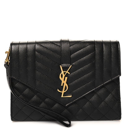 Saint Laurent Grain De Poudre Textured Mixed Matelasse Triquilt Monogram Clutch Black 1 of 11
