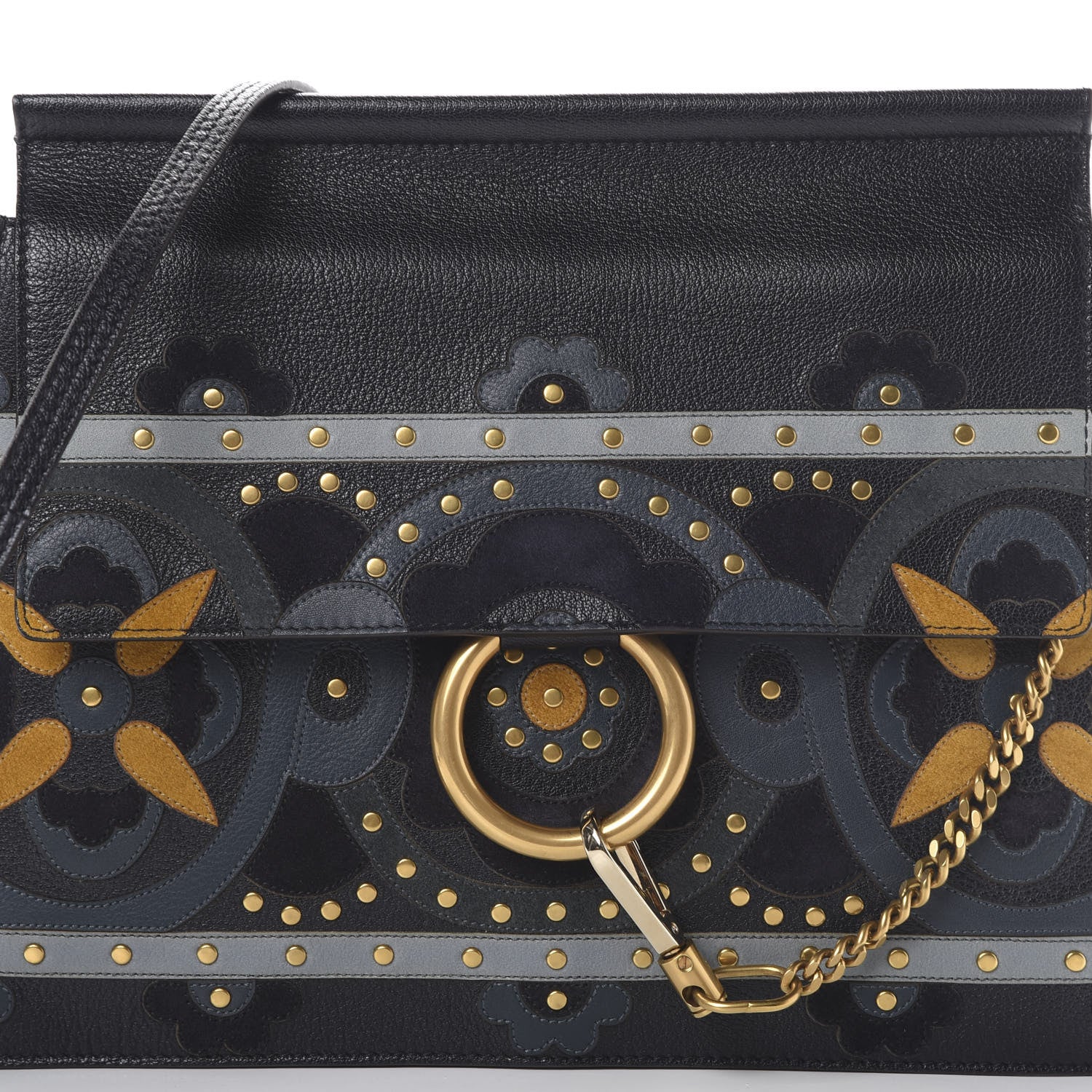 Chloe Calfskin Suede Flower Studded Medium Faye Shoulder Bag Full Blue 7 of 9