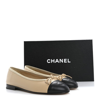 Chanel Lambskin Cap Toe CC Ballerina Flats 37 Beige Black 10 of 10