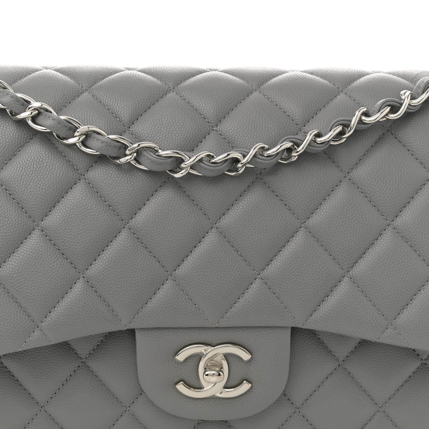 Caviar Quilted Jumbo Double Flap Grey
