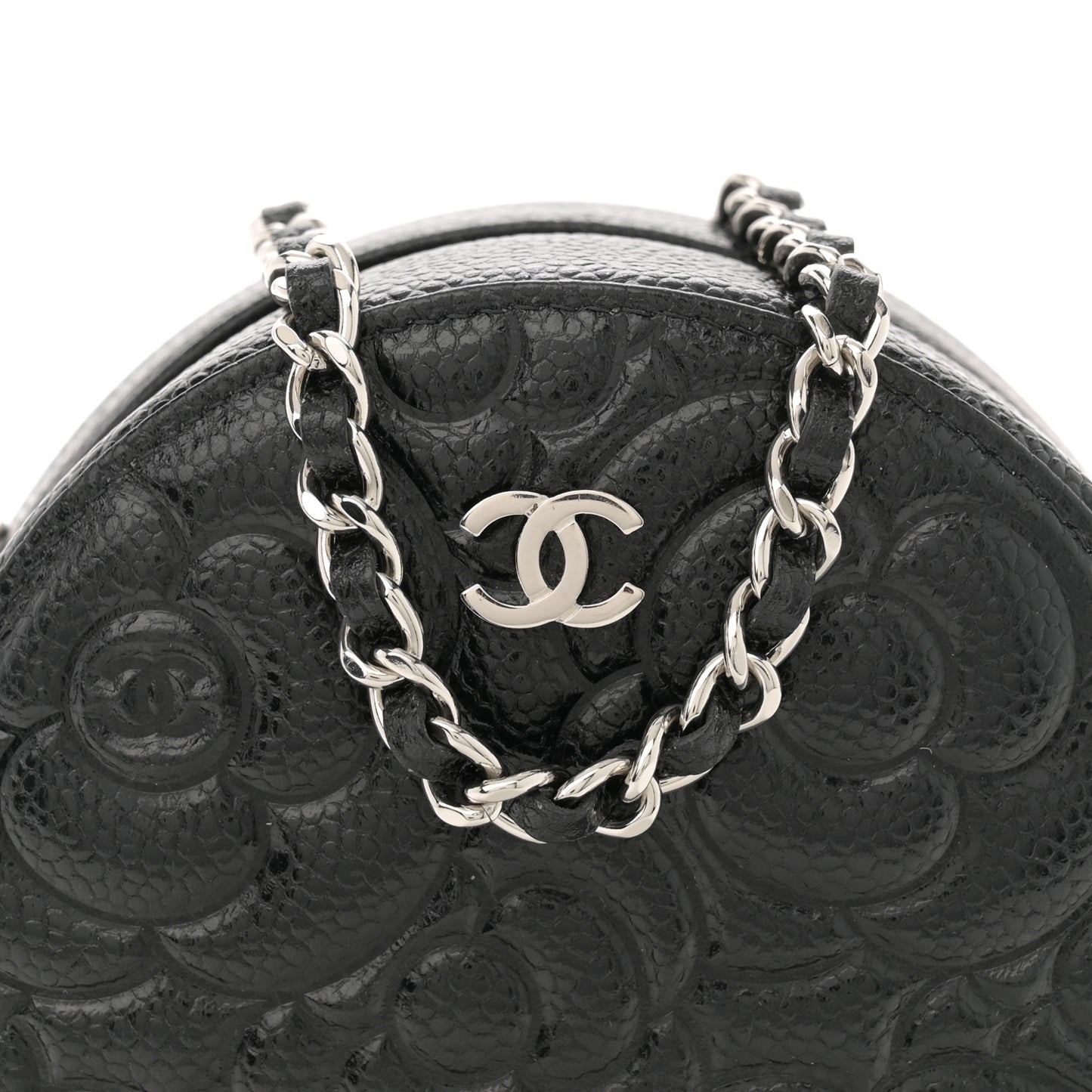 Caviar Camellia Embossed Round Clutch With Chain Black