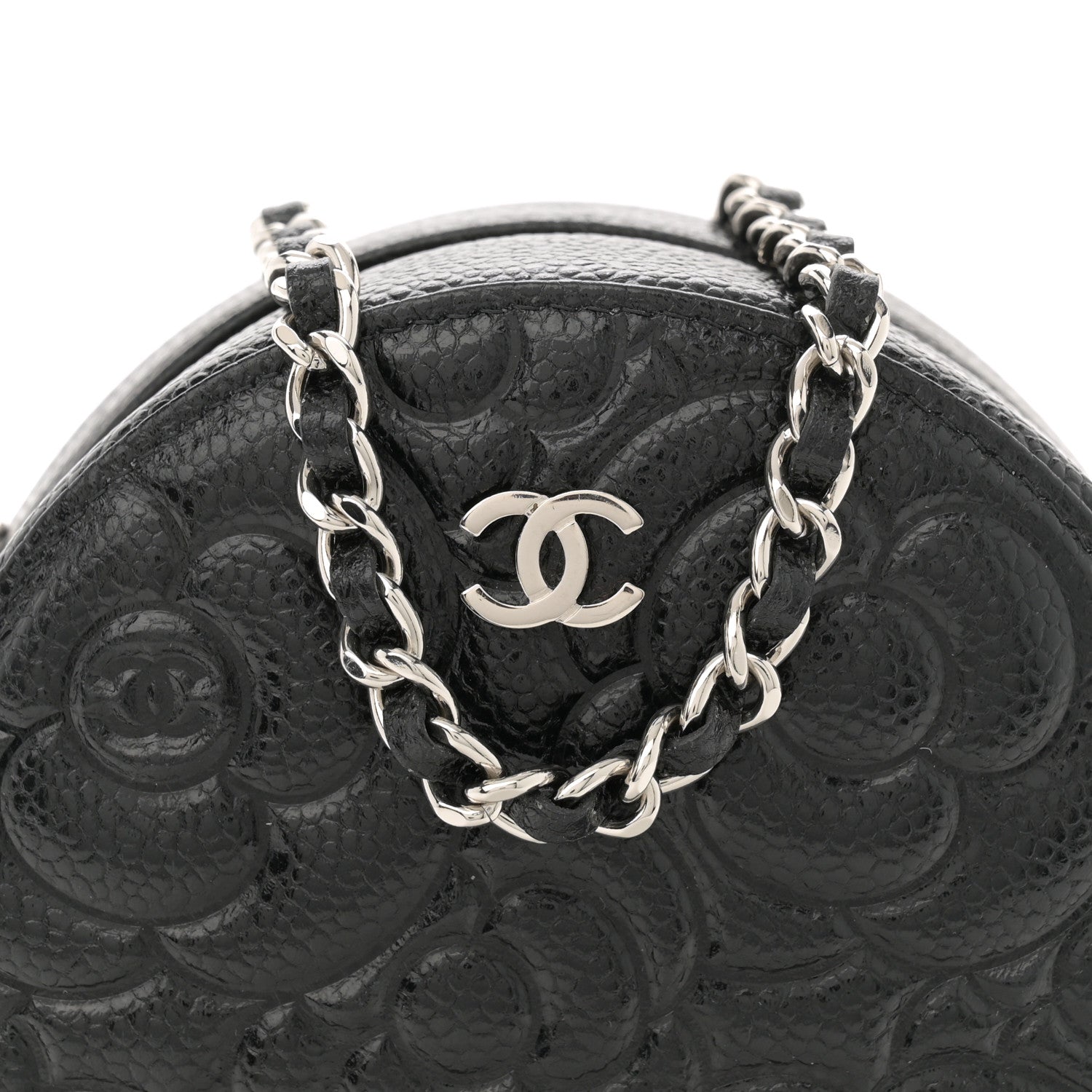 Chanel Caviar Camellia Embossed Round Clutch With Chain Black 8 of 11