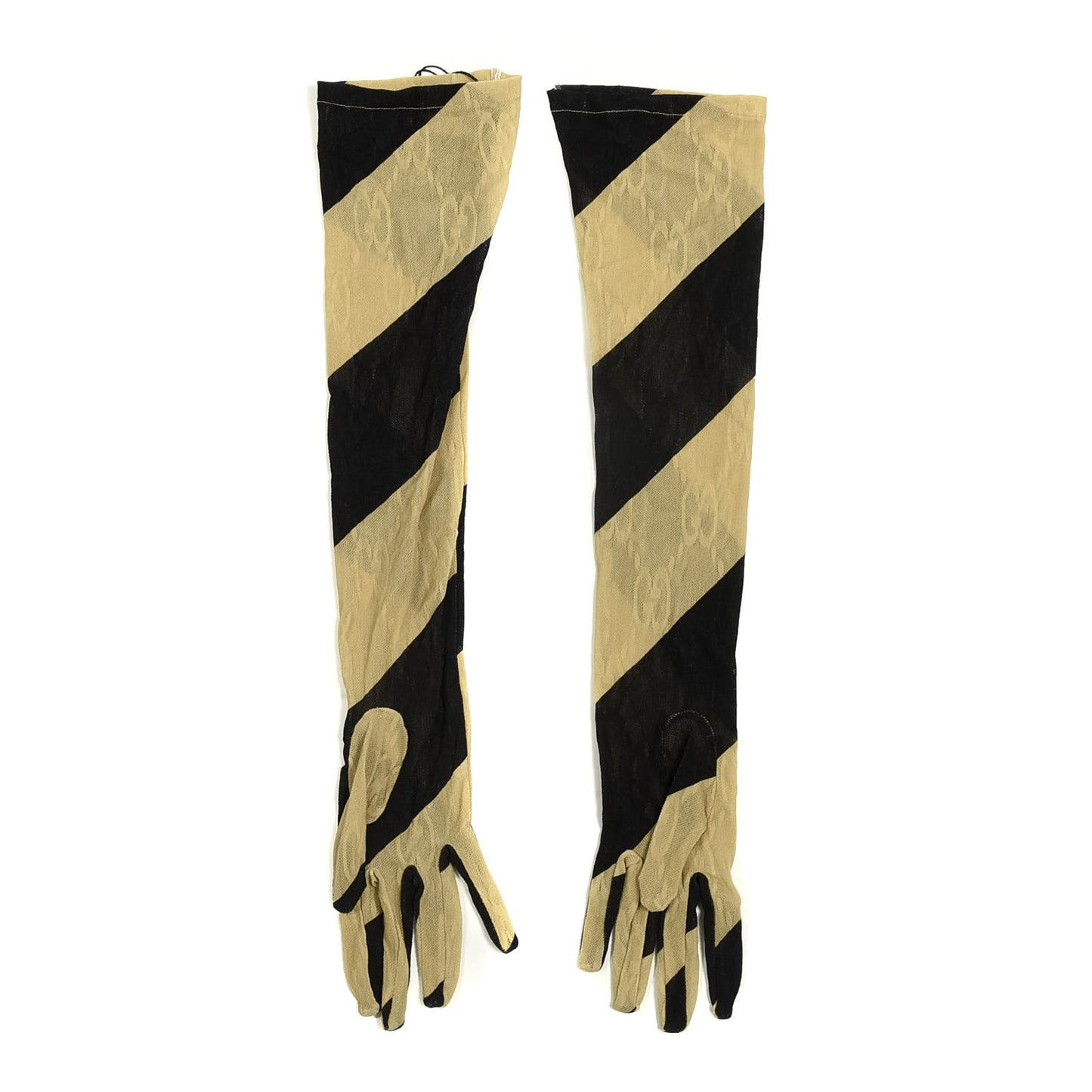 GG Monogram Lace Striped Gloves 7.5 Black Beige